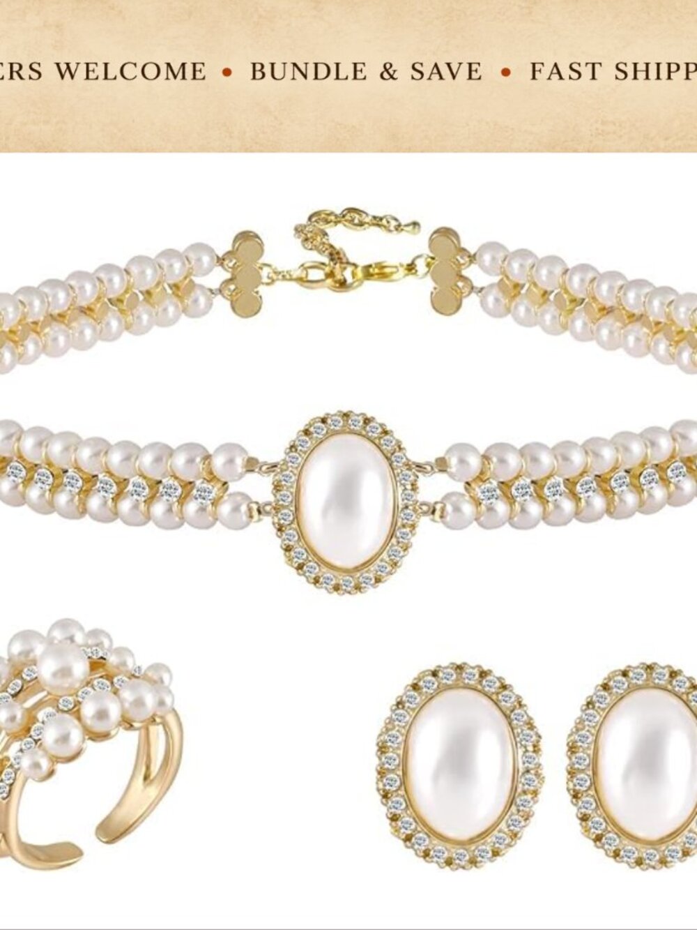 Faux Pearl Jewelry Set Necklace Bracelet Ring Earrings Glass Rhinestone